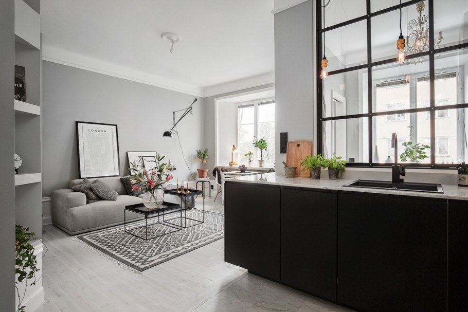 Серая кухня гостиная в скандинавском стиле