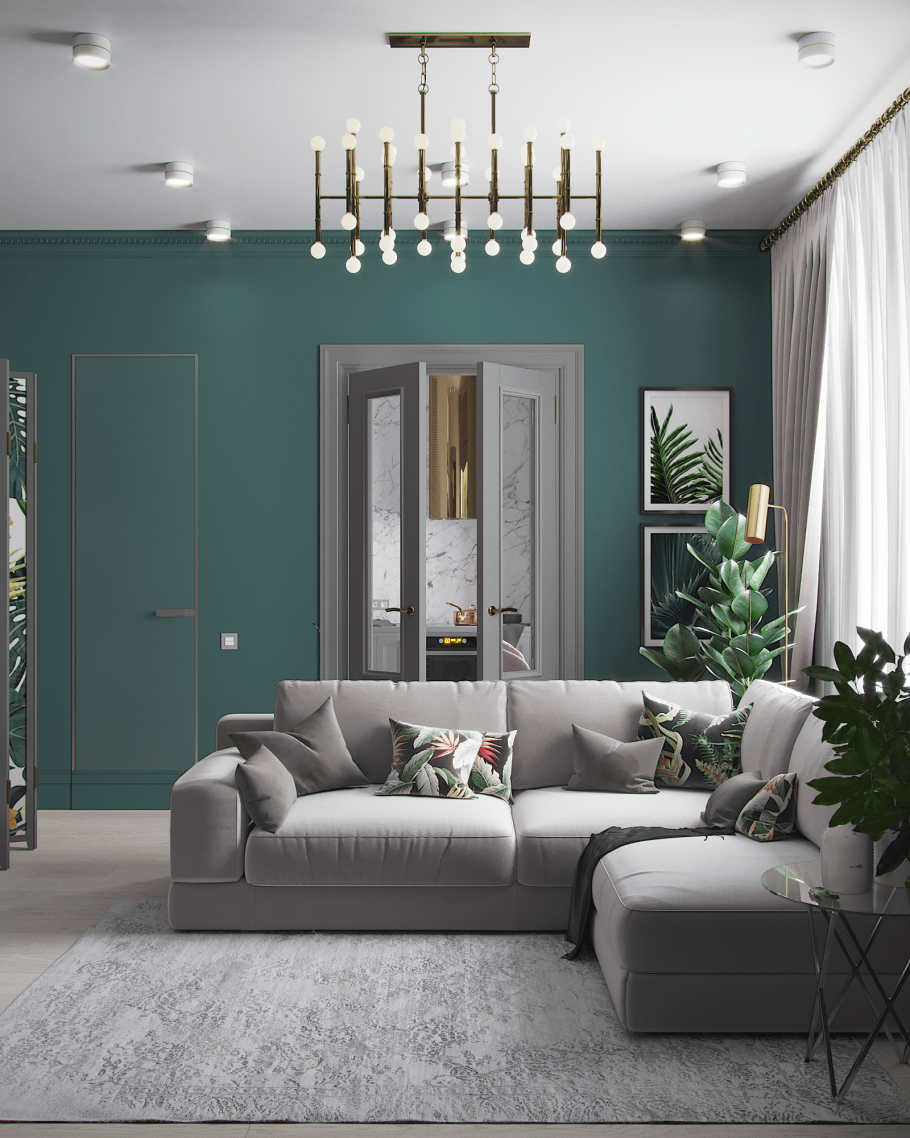 Гостиная в серо зеленых тонах