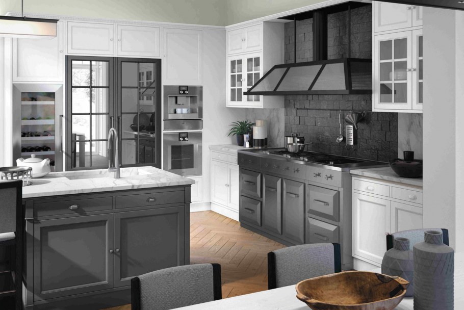 Серая кухня с белой столешницей