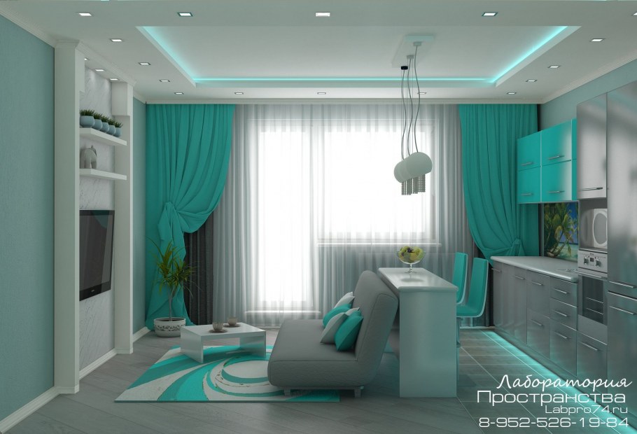 Кухня гостиная в бирюзовом цвете