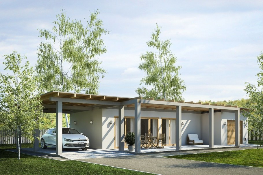 Одноэтажный дом с плоской крышей с навесом