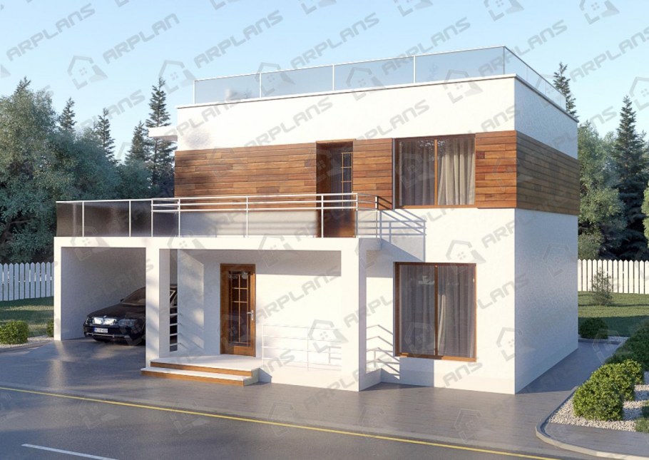 Дом с плоской крышей и навесом для машины