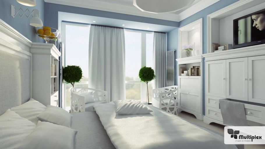 Маленькая белая спальня с ТВ Неоклассика