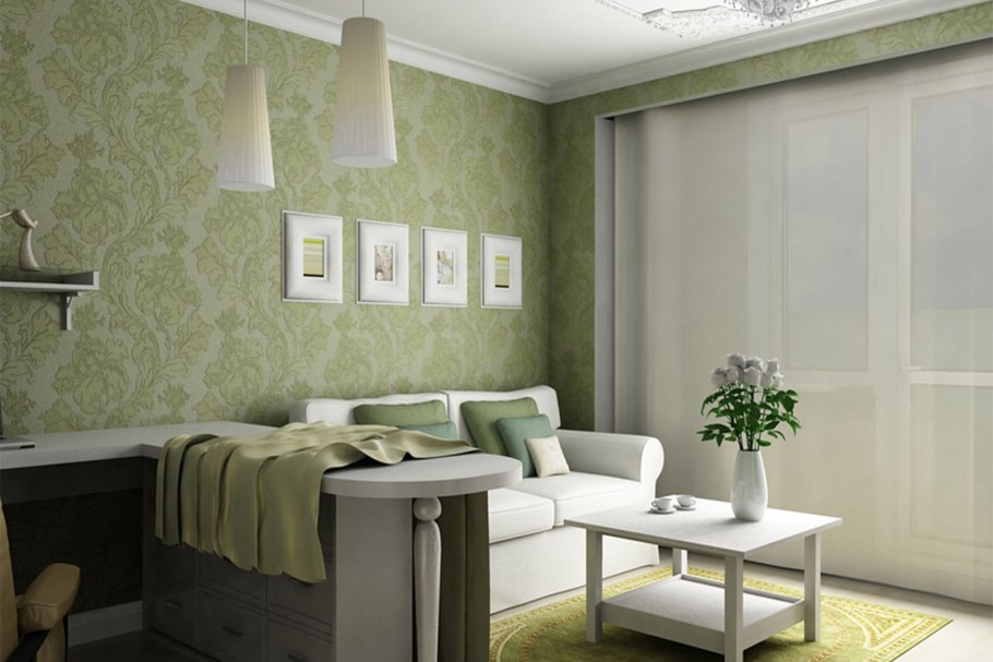 Фисташковый цвет стен в зале