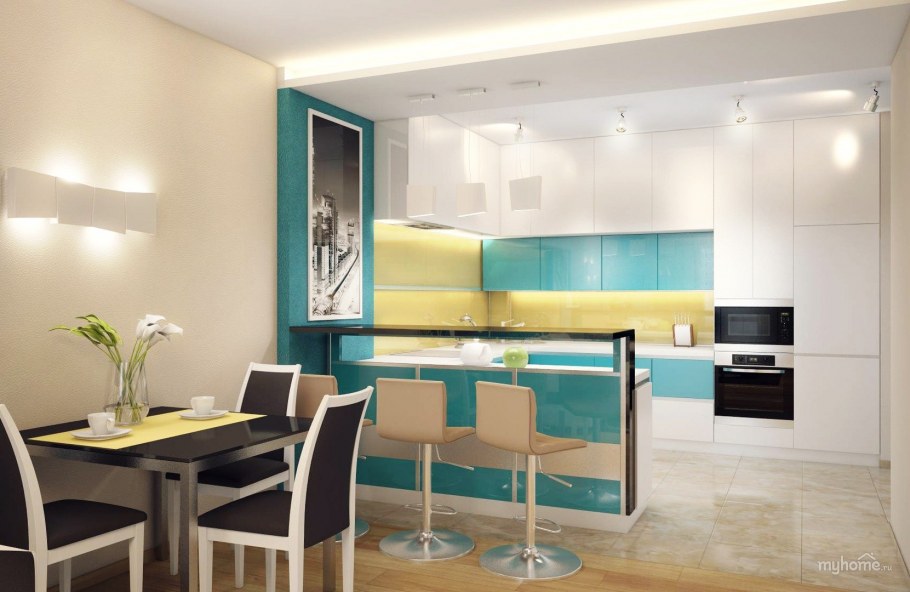 Кухня студия в бирюзовых тонах