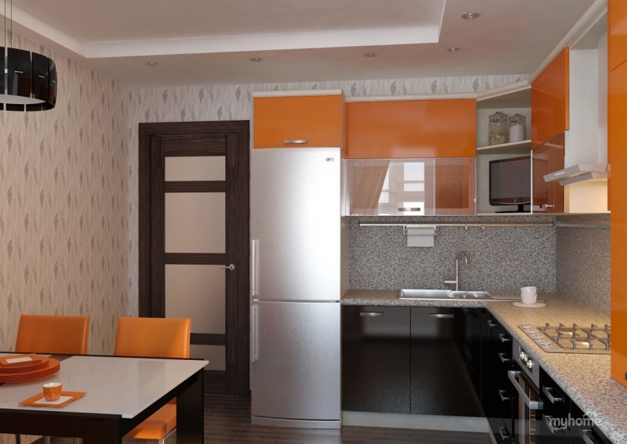 Интерьер маленькой кухни, апельсиновая