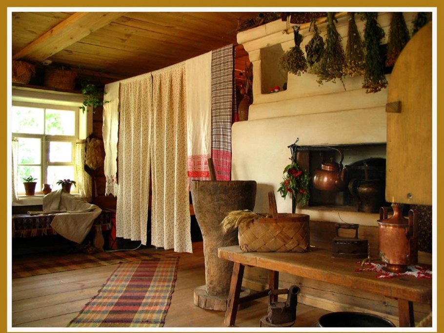 Интерьер избы зажиточного крестьянина 19 века