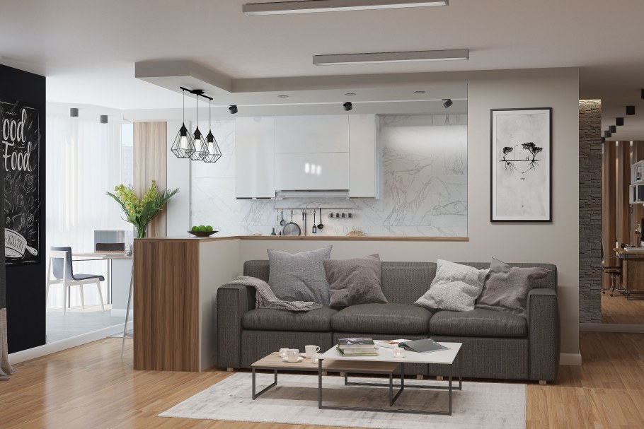 Гостиная в скандинавском стиле с кирпичной стеной