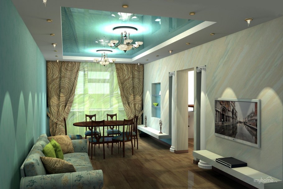 Бирюзовый потолок в зале