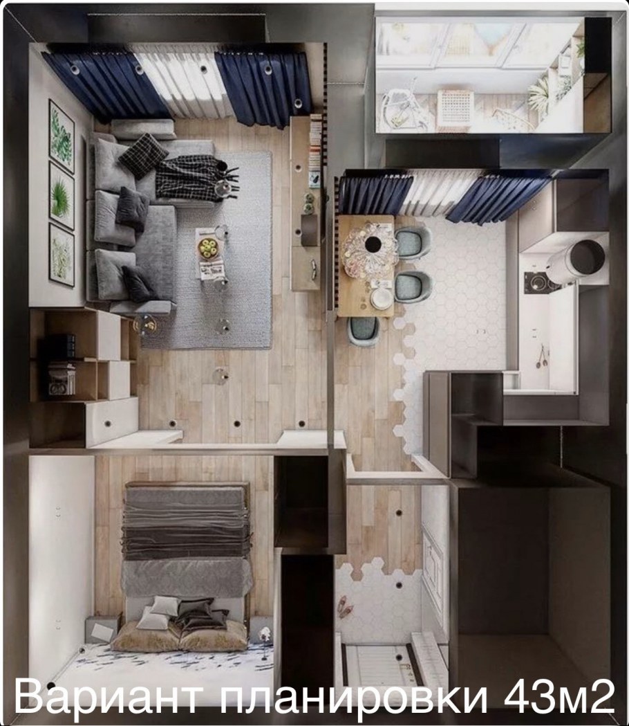 Планировка двухкомнатной студии 50 кв.м