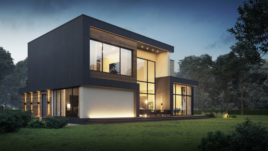 Дом с плоской крышей и панорамными окнами