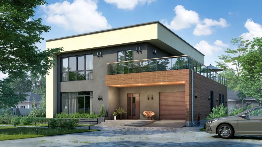 Двухэтажный дом с плоской крышей