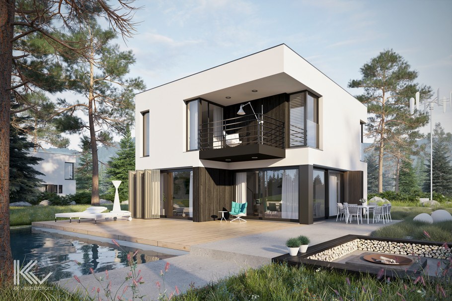 Домик с панорамными окнами с плоской крышей