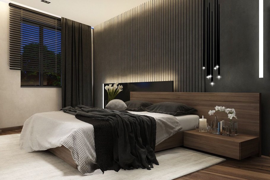 Мужская спальня с рейками