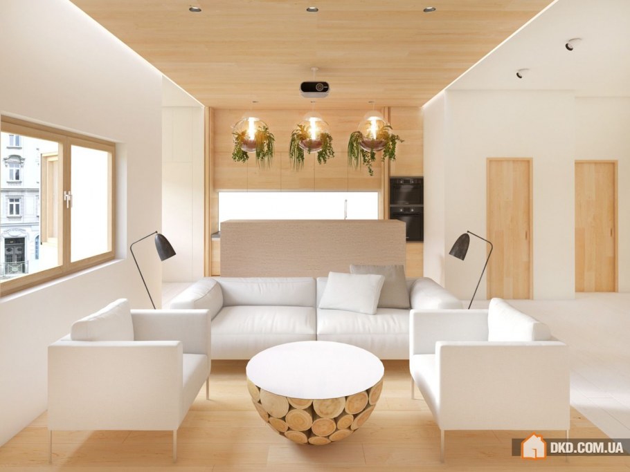 Светлое дерево в интерьере гостиной