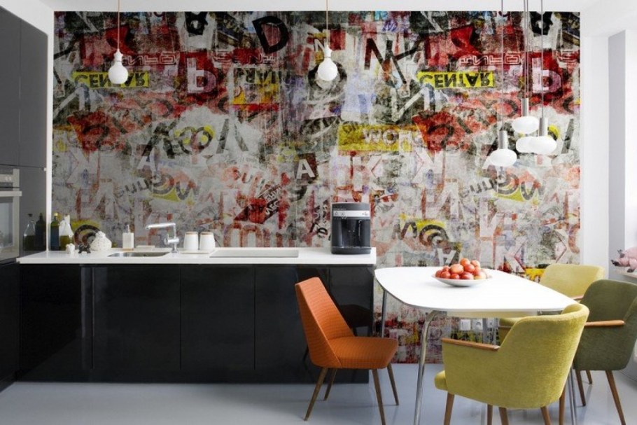 Фотообои в интерьере кухни лофт