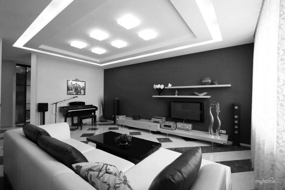 Зал гостиная с коричневой стенкой