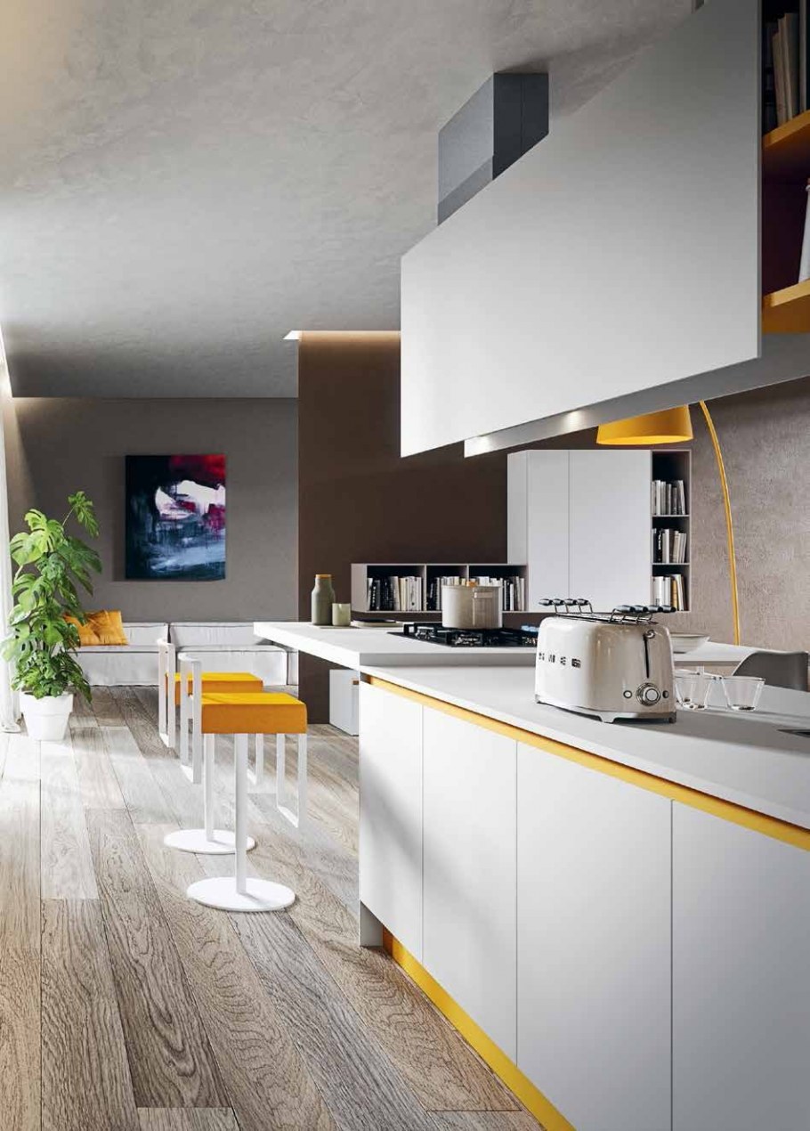 Белая кухня с желтыми стульями