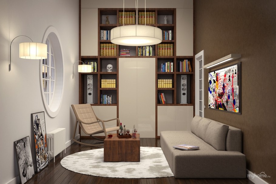 Гостиная с библиотекой в бежевых тонах