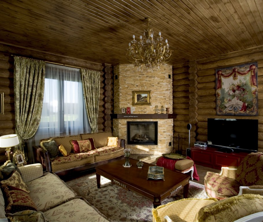 Уютная гостиная в деревянном доме