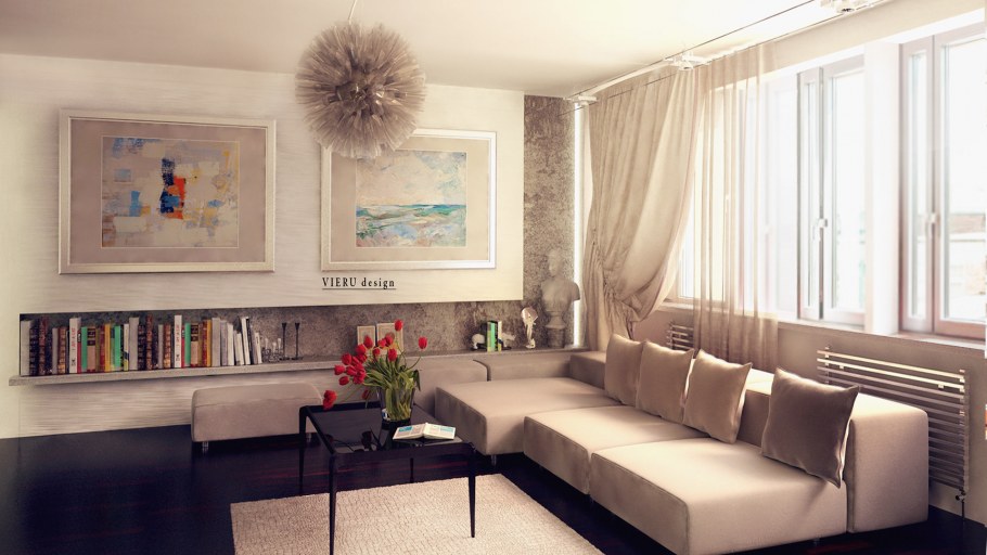 Рабочий стол в гостиной в интерьере