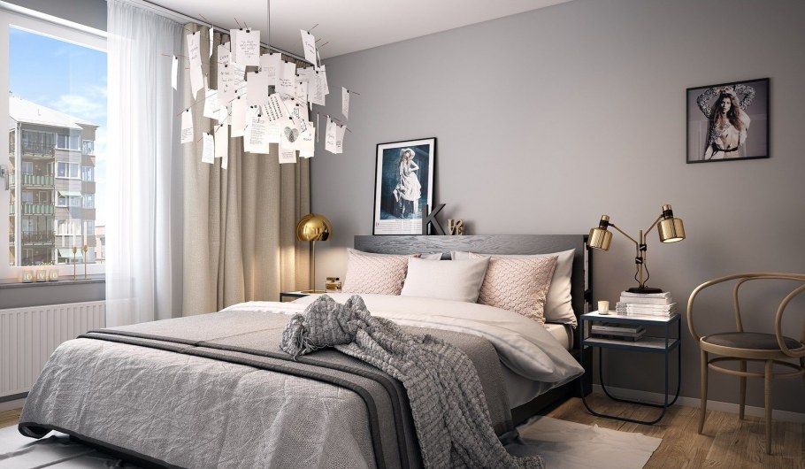Бежево серая спальня