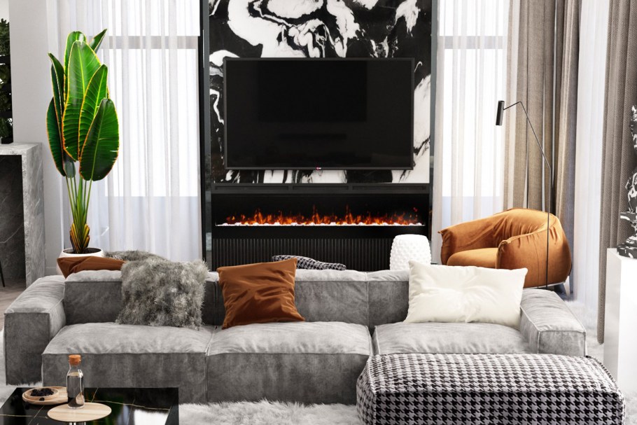 Угловой камин между двух окон