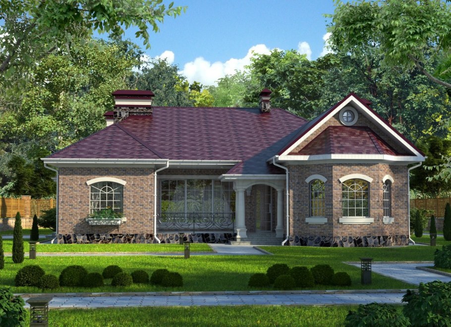 Красивый одноэтажный кирпичный дом