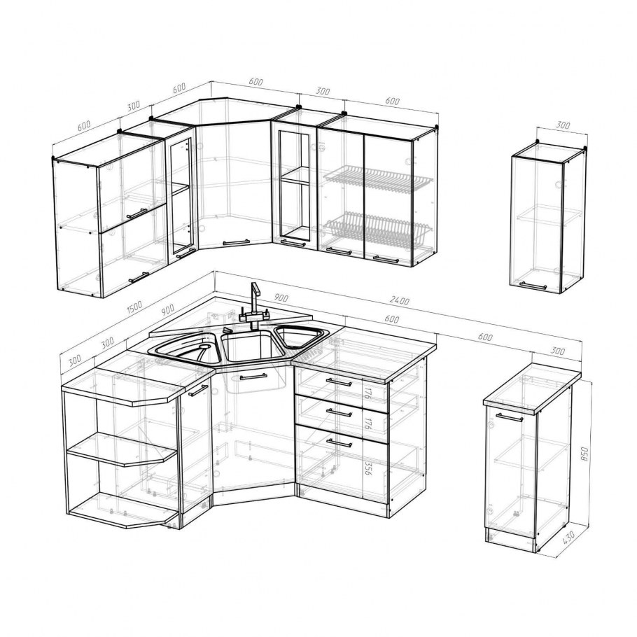 Угловая кухня 1800х1800 с размерами