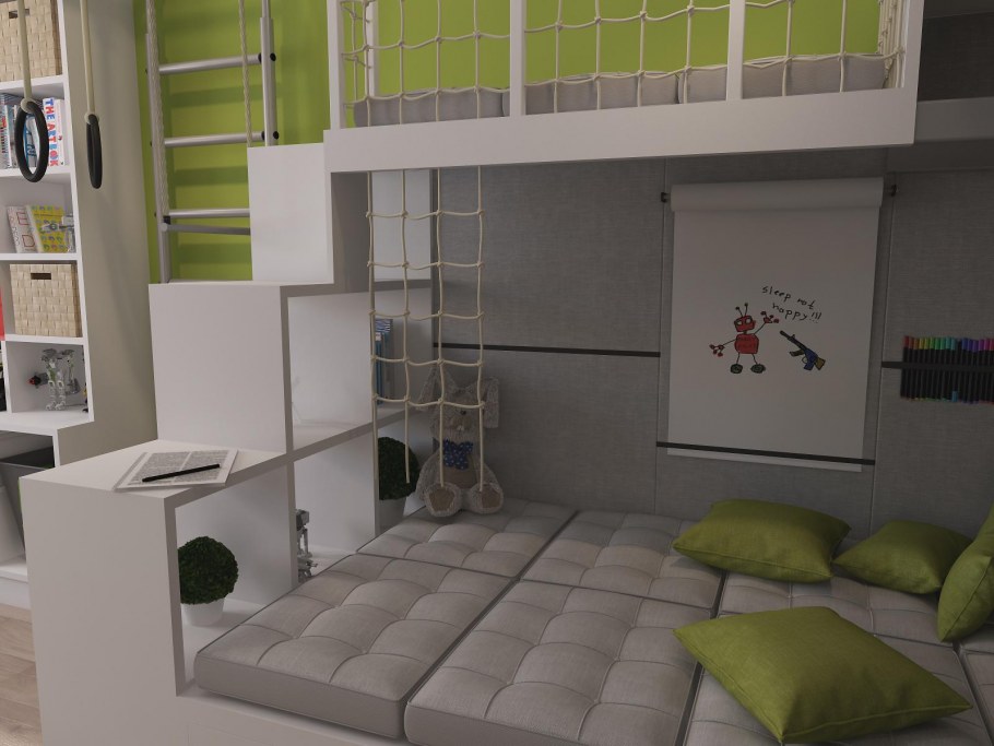 Детская комната для двоих мальчишек 16 кв.м с спортивным уголком