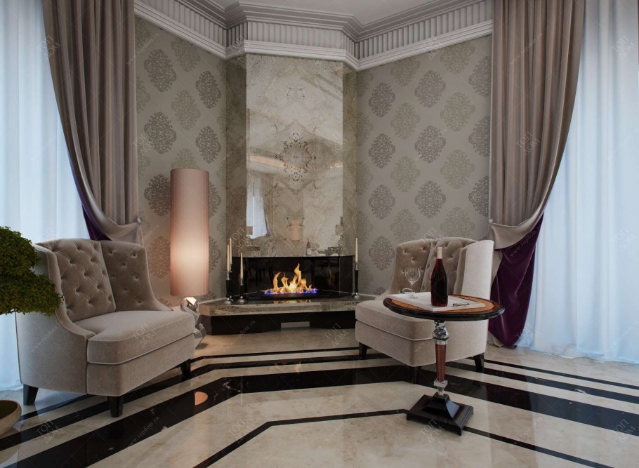 Гостиная с эркером и камином