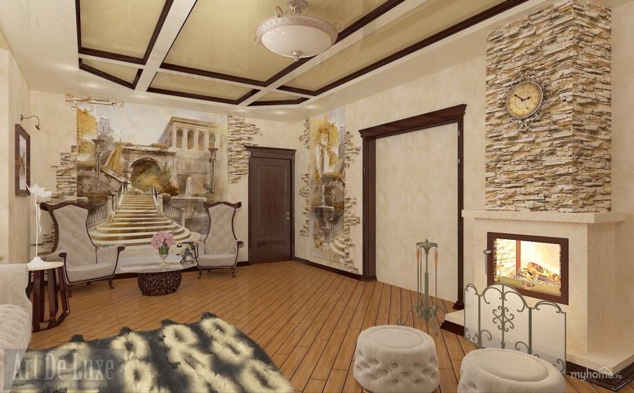 Гостиная с эркером и камином в загородном доме