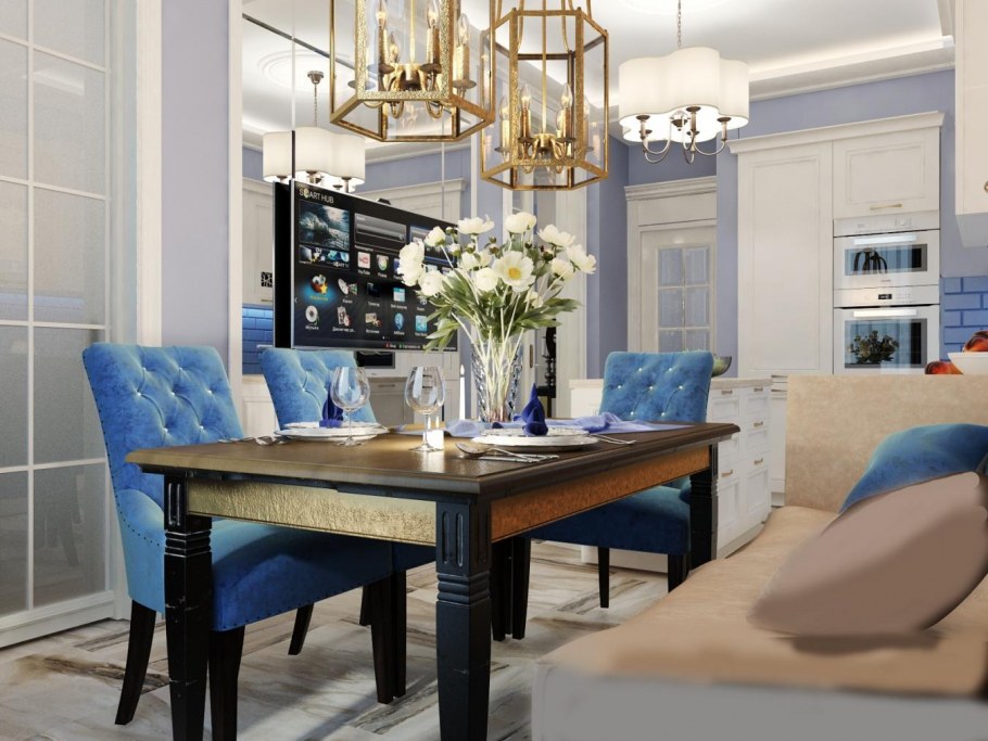Кухня гостиная с голубыми стульями