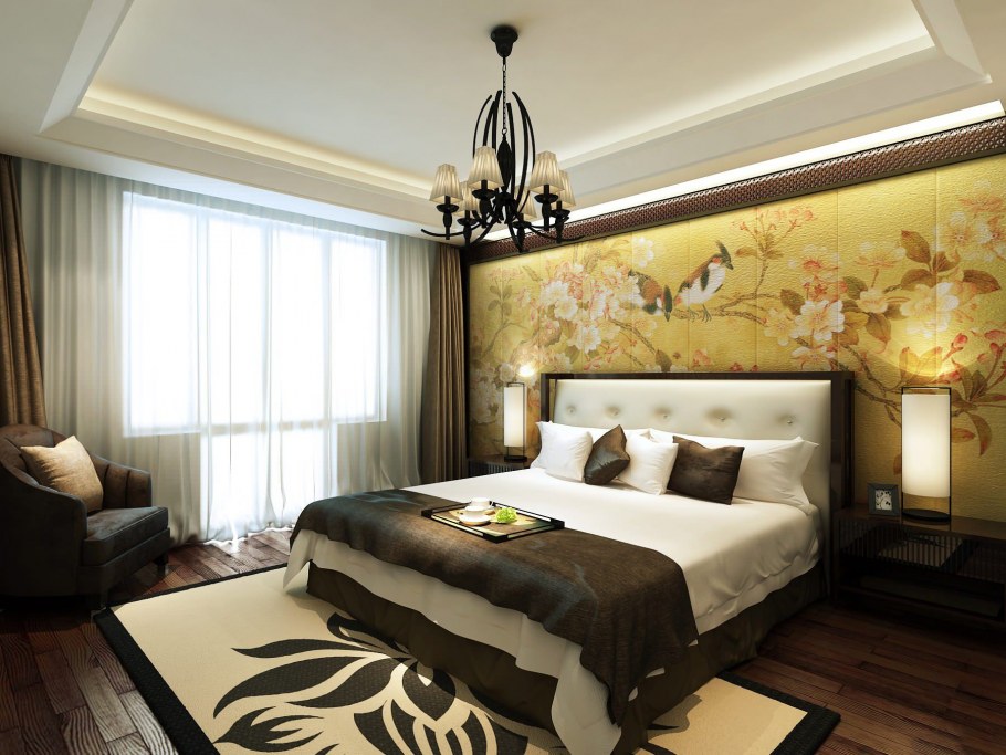 Фреска в интерьере спальни с коричневой мебелью