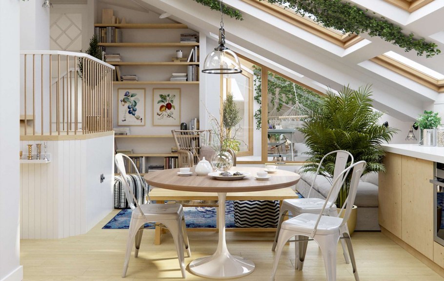 Кухня гостиная с косым потолком