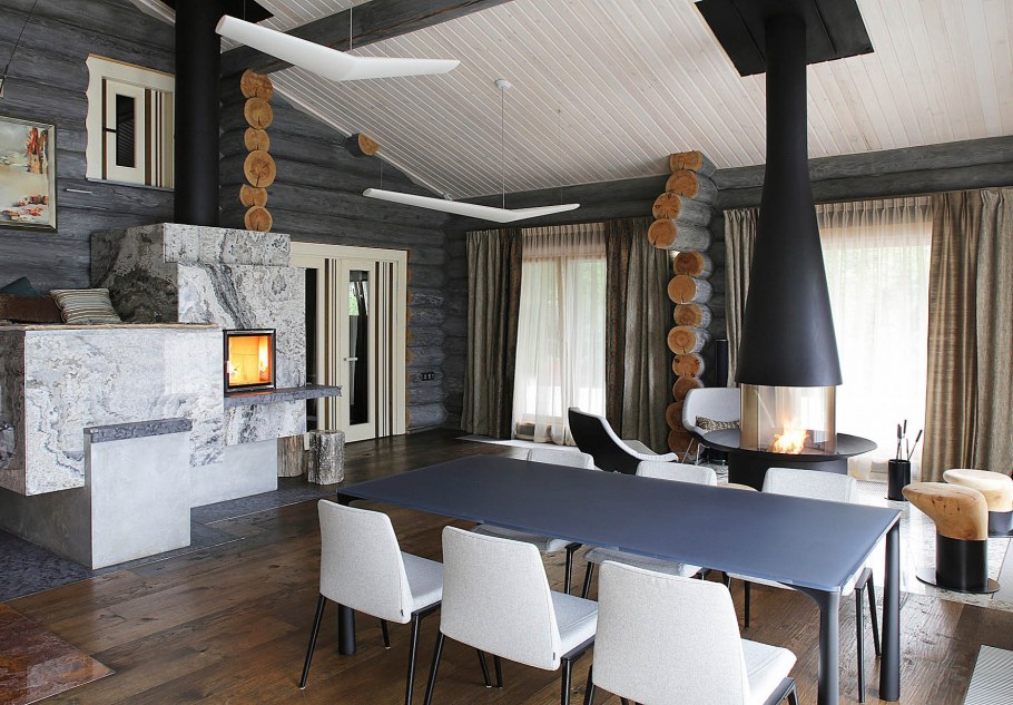 Интерьер в доме из бревна в современном стиле