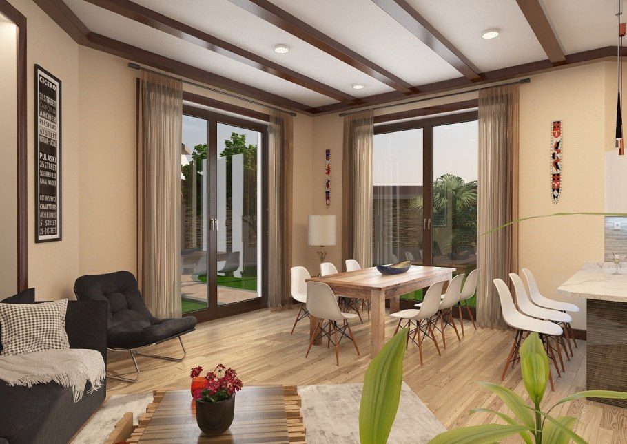 Интерьер гостиной с выходом на террасу