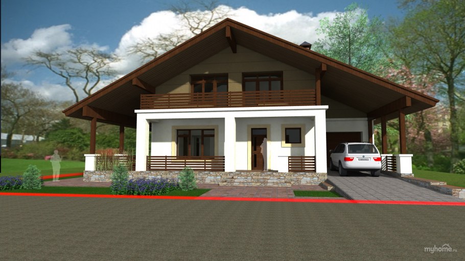 Одноэтажный дом с гаражом и навесом