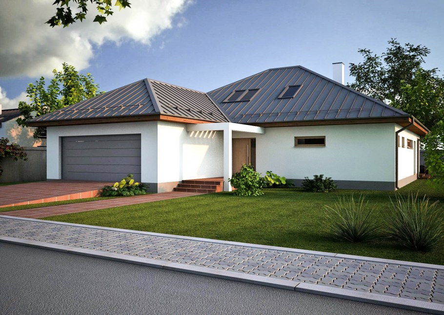 Дом с четырехскатной крышей и гаражом