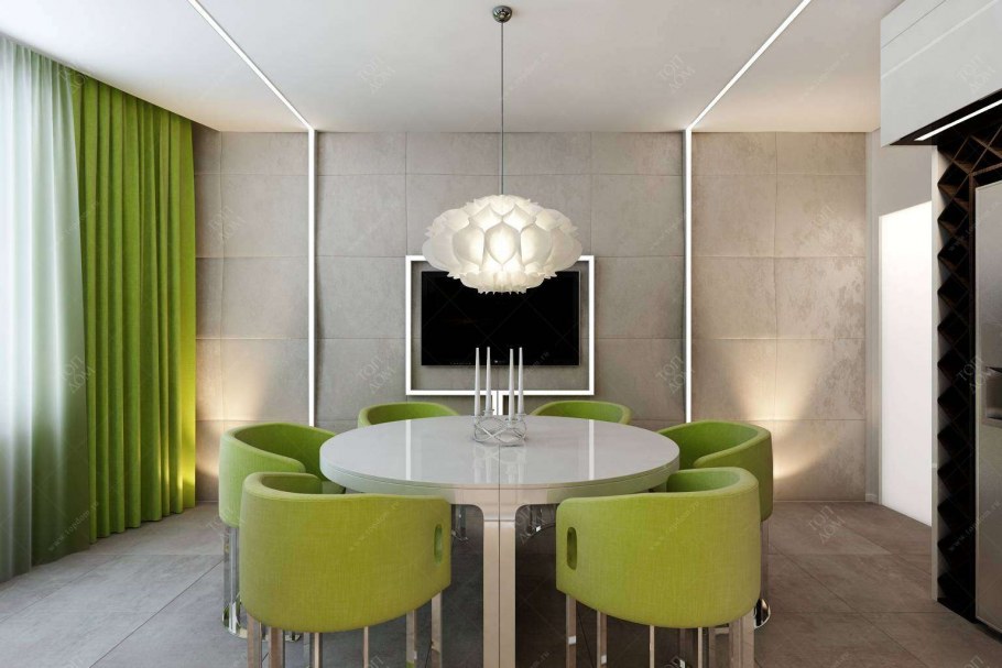 Дизайнерская кухня гостиная в серо зеленом цвете