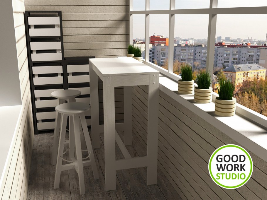 Балкон в скандинавском стиле с барными табуретами