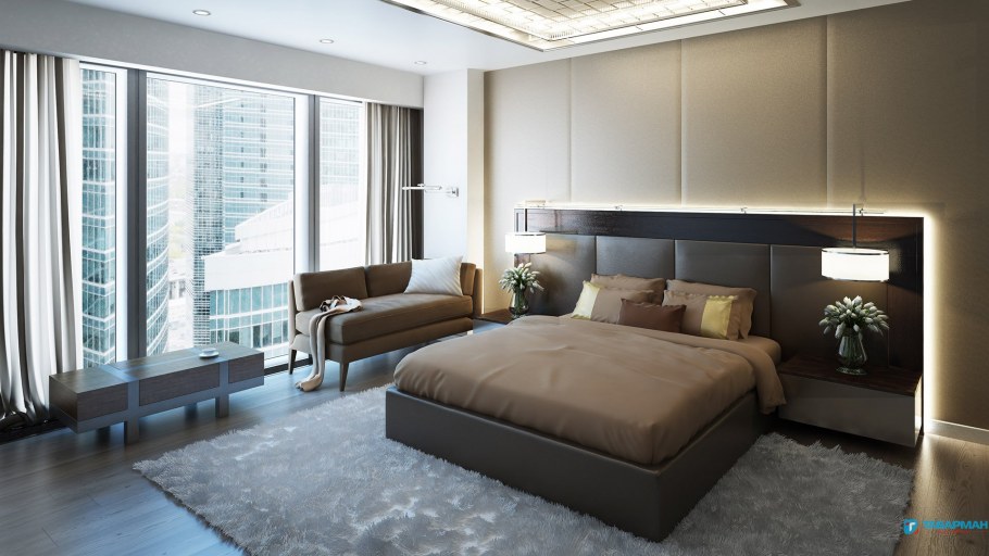 Спальня в Москоу Сити панорамные окна