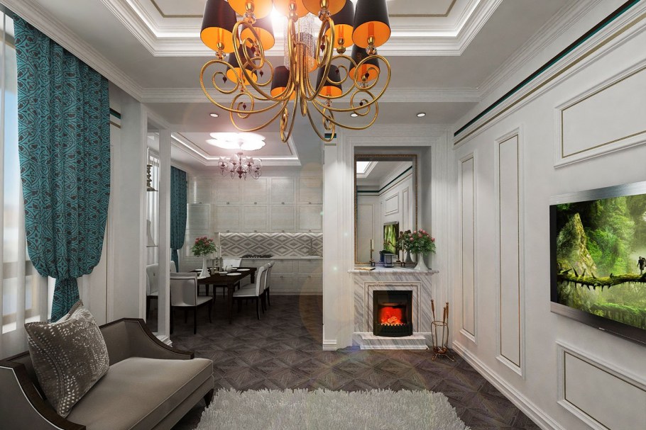 Гостиная современная классика с камином