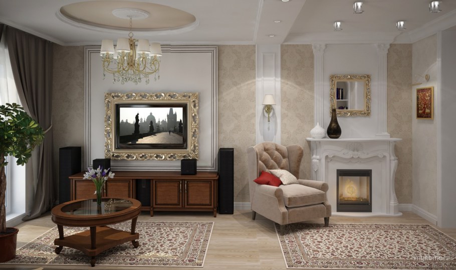 Интерьер гостиной в квартире классический стиль с камином