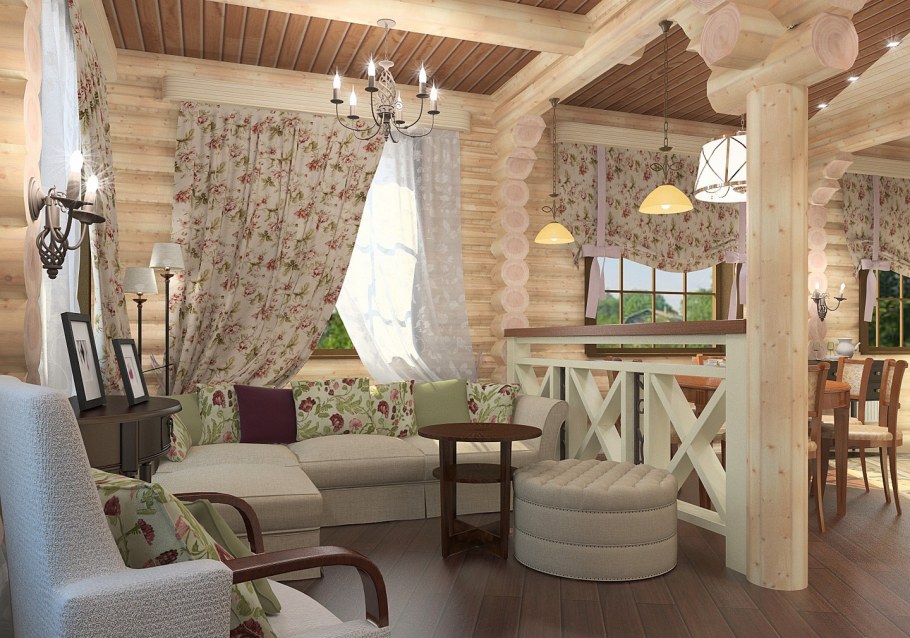 Гостиная Прованс Кантри в бревенчатом доме