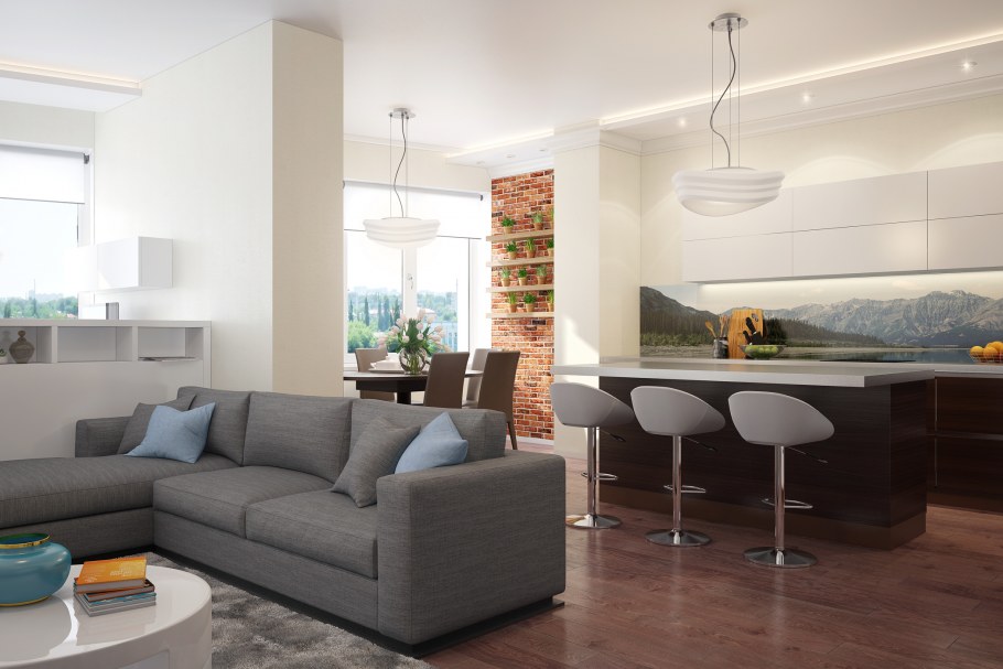 Кухня гостиная с 2 окнами