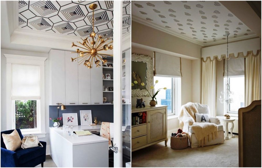 Оклейка потолка обоями интерьер