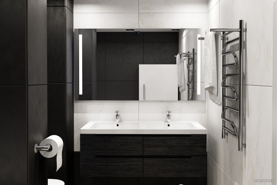 Белая ванная комната с черными смесителями