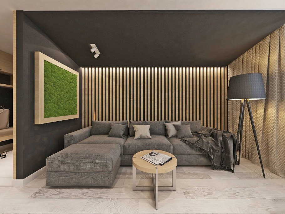 Деревянные рейки на стене в гостиной