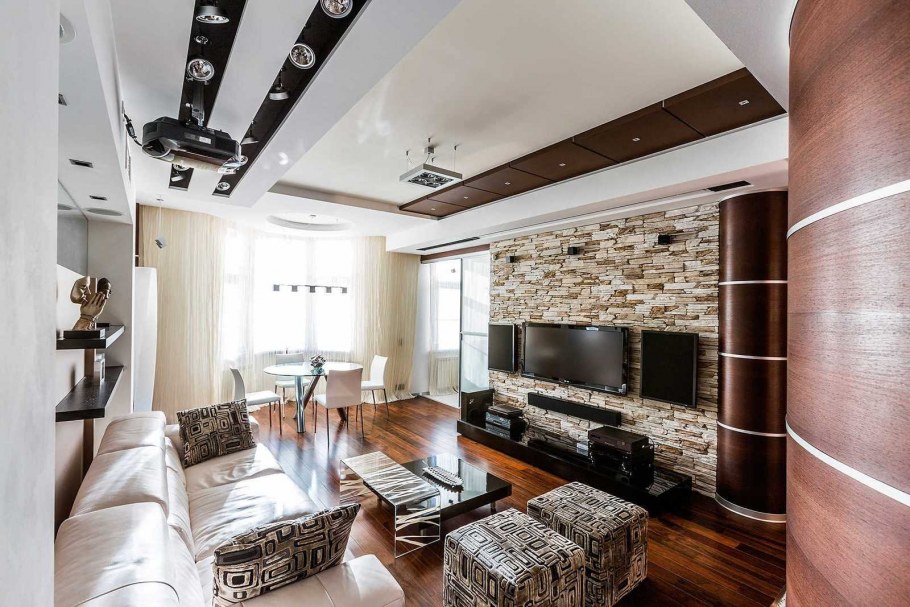 Отделка гостиной камнем